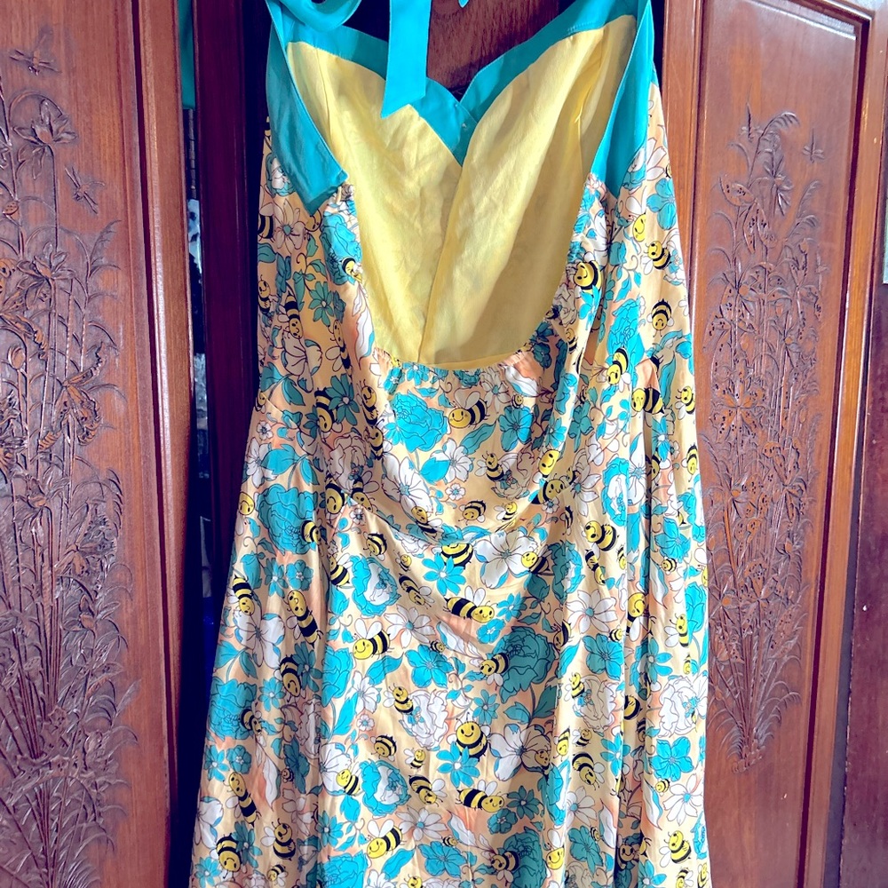 NWOT Banned Apparel Bees 🐝 US 18 poly turquoise peach sun dress - Picture 6 of 15